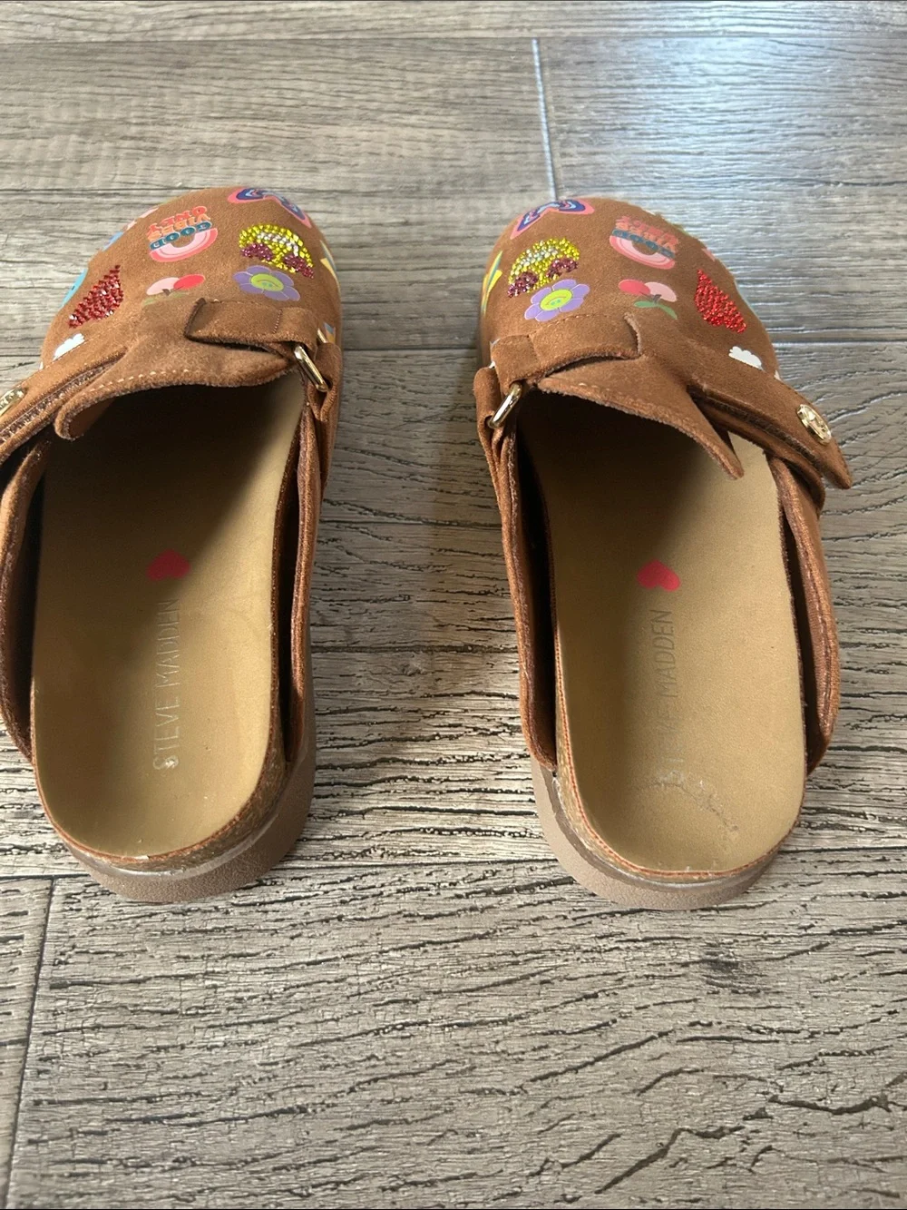 Steve Madden Brown Kids Slip-On Clogs with Colorful Sticker Motifs